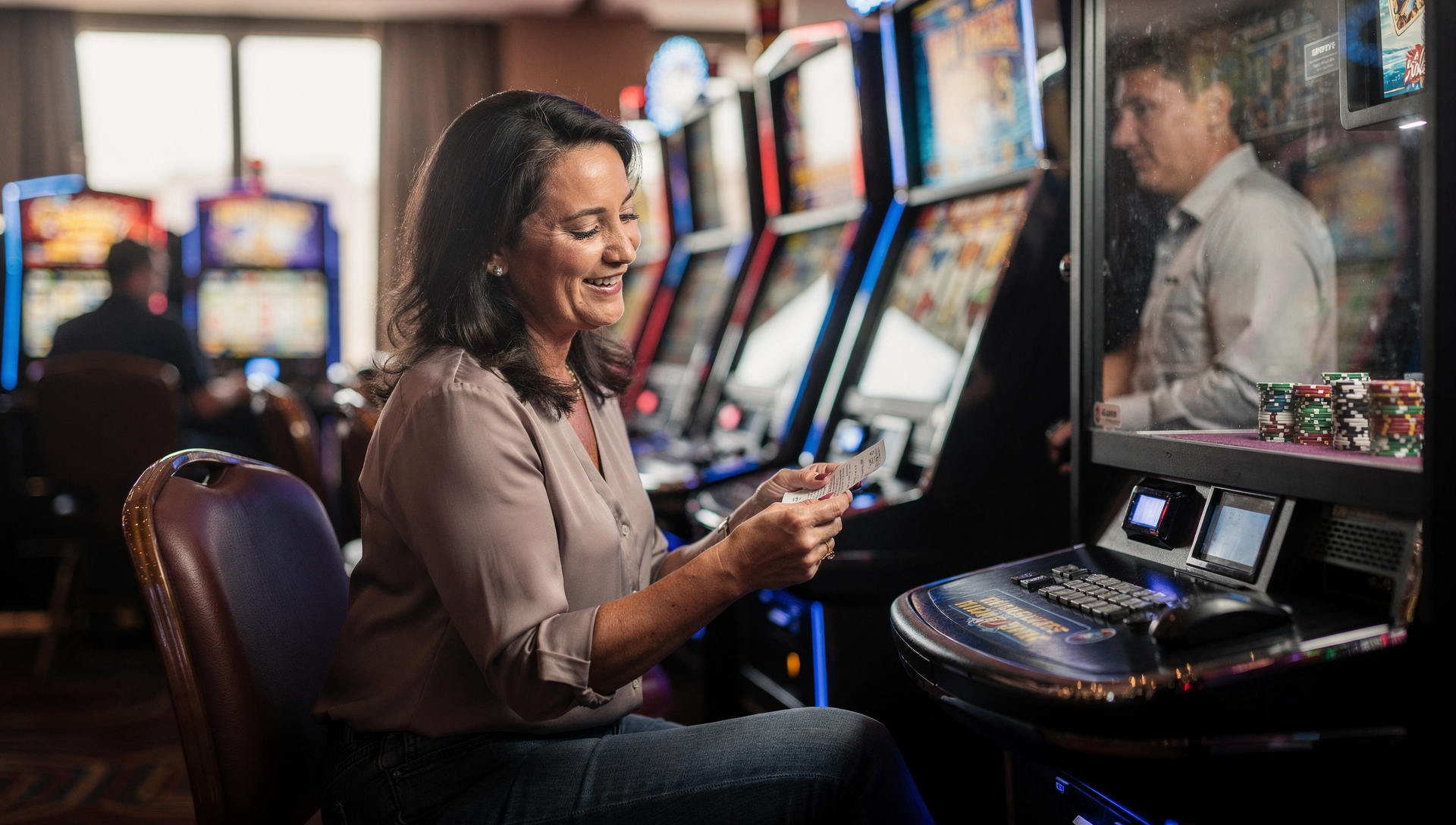 Woman at a casino slot machine holding chips and a payout slip after a jackpot win, with a cashier cage in the background.