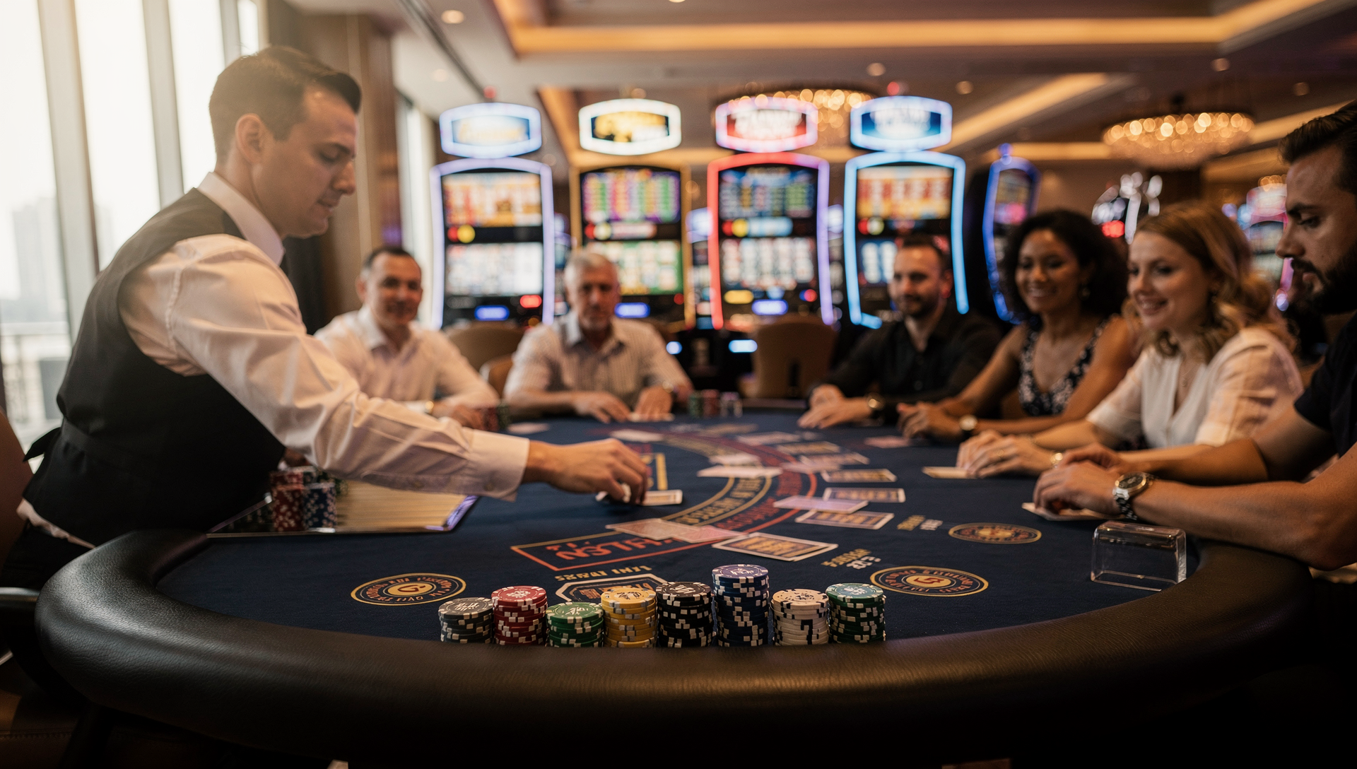 Casino floor scene with a blackjack table and chip stack in the foreground and slot machines in the background.