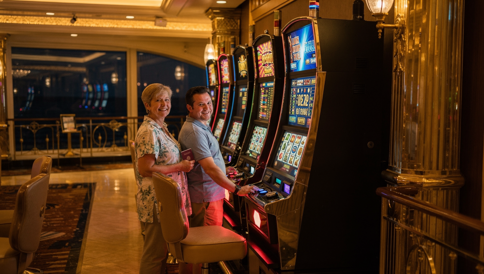 Couple celebrating a slot machine jackpot inside a cruise ship casino at sea, one holding a passport