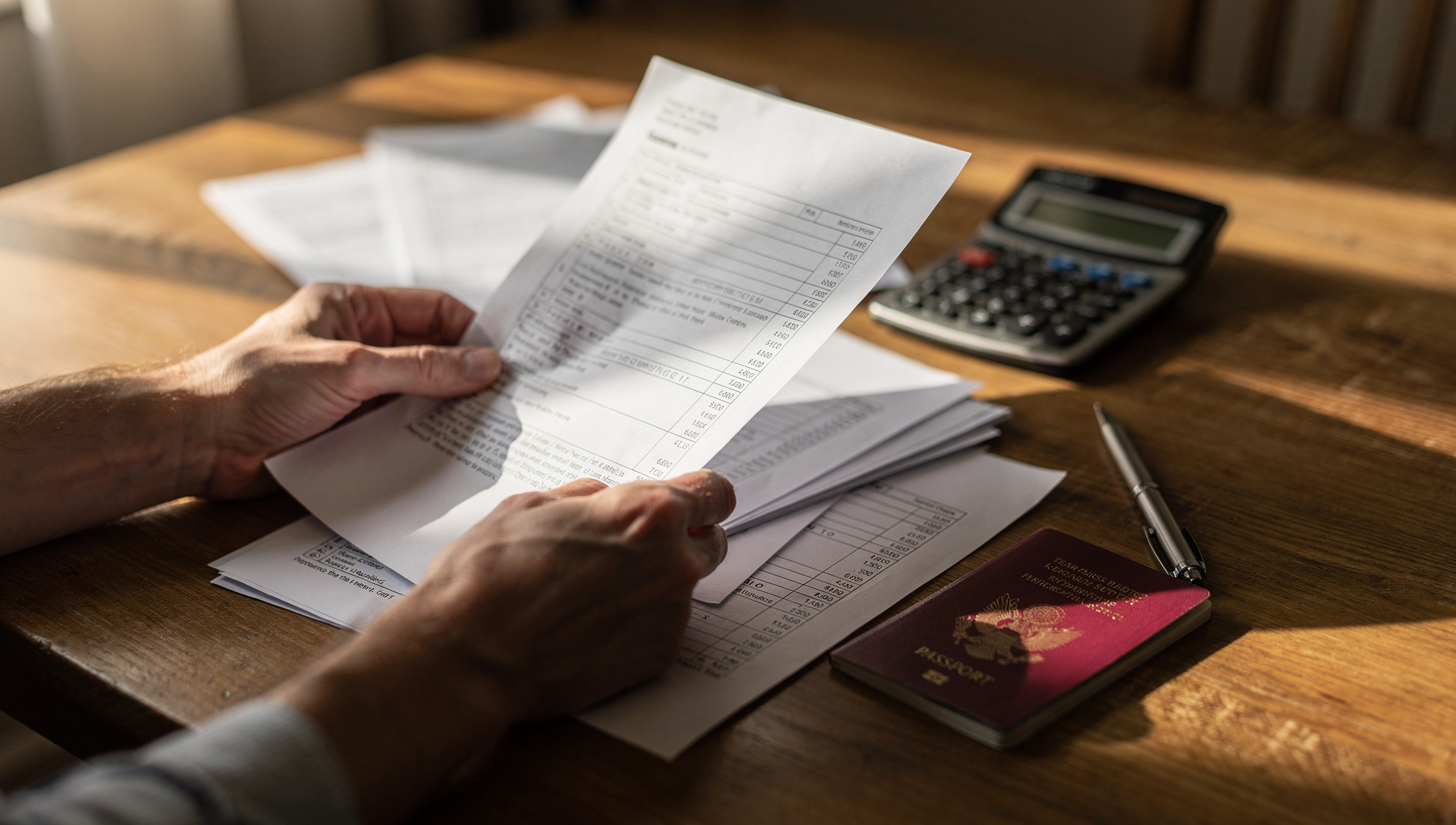 Person organizing tax paperwork and a passport at home while preparing a casino tax refund claim