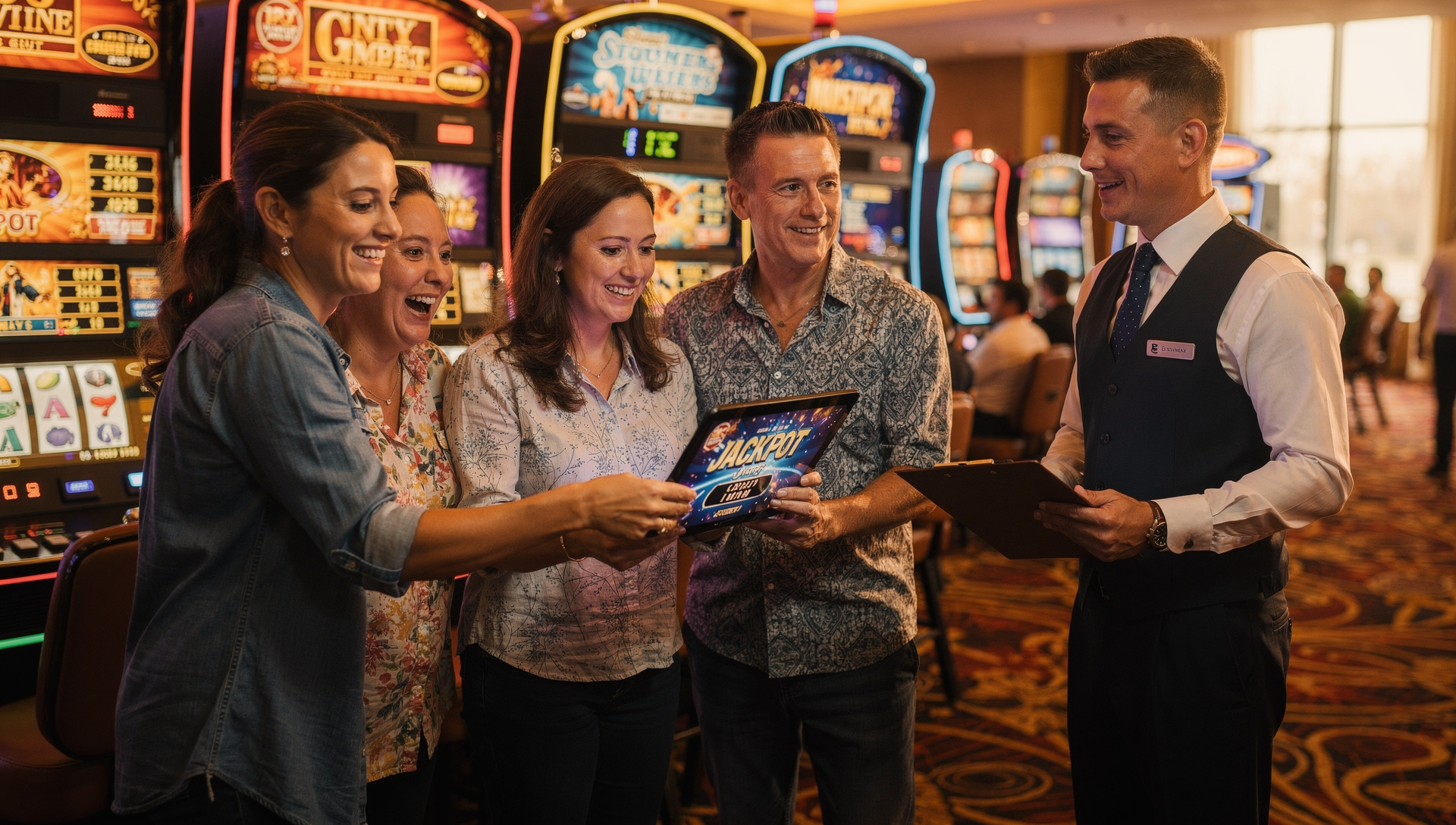 A group of friends celebrate a shared slot machine jackpot on a casino floor as an attendant approaches with paperwork