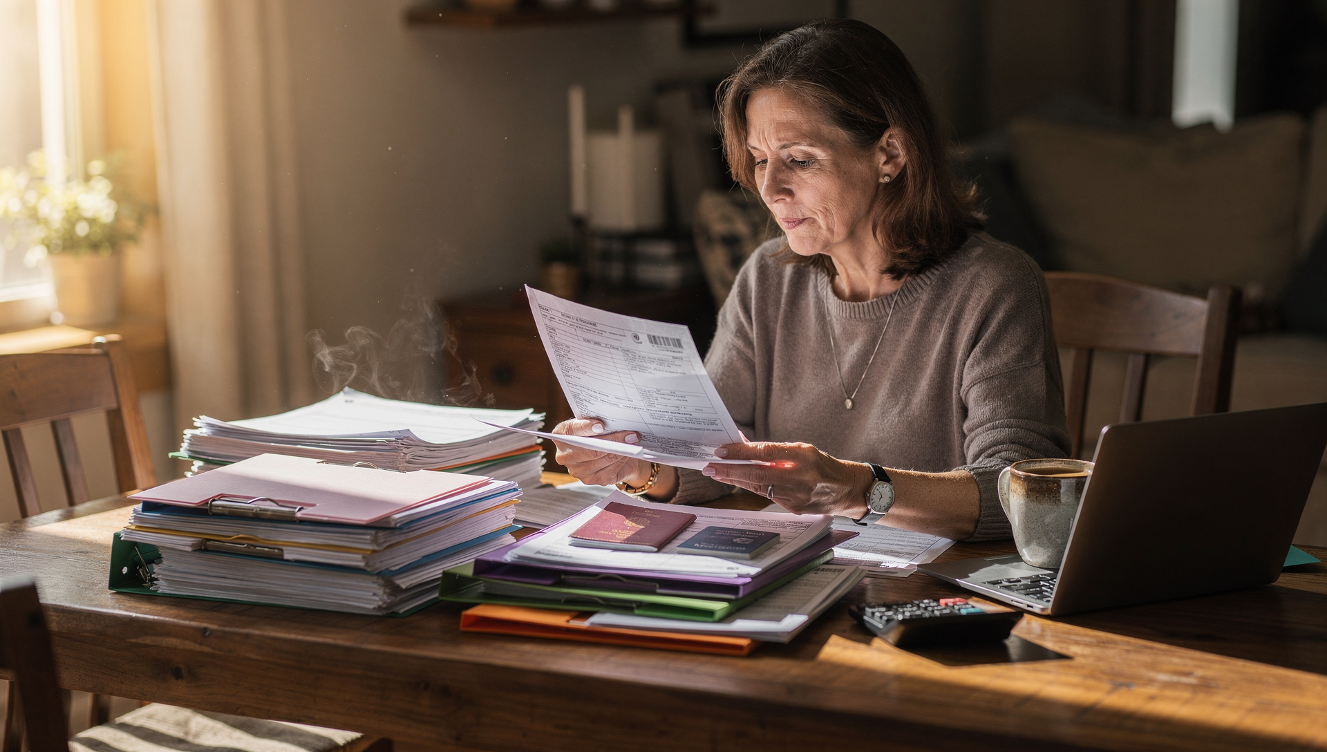 A woman organizes tax documents and identification papers at her dining table while preparing her individual refund filing