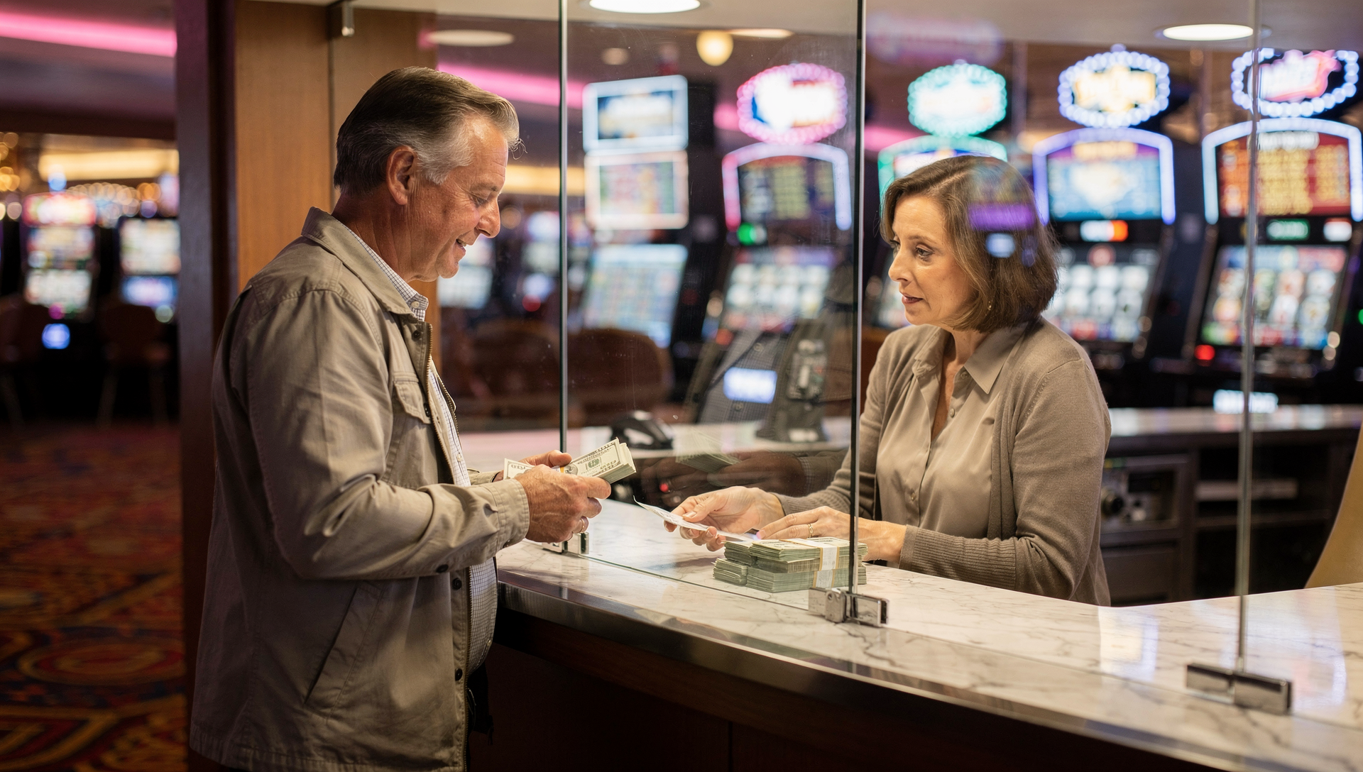 Canadian couple at a casino cashier cage receiving a jackpot payout and paperwork from an attendant