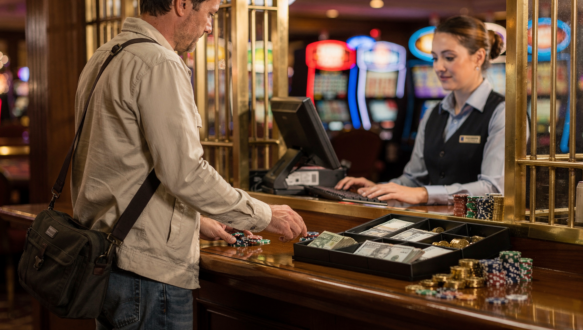 Casino cashier cage payout window where a winner collects cash for chips after a jackpot win