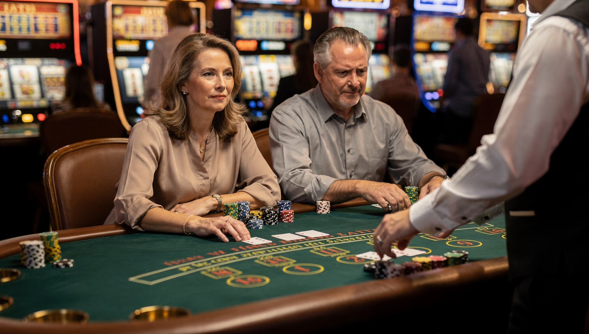 Canadian couple playing blackjack at a casino table, representing frequent visits to multiple U.S. casinos
