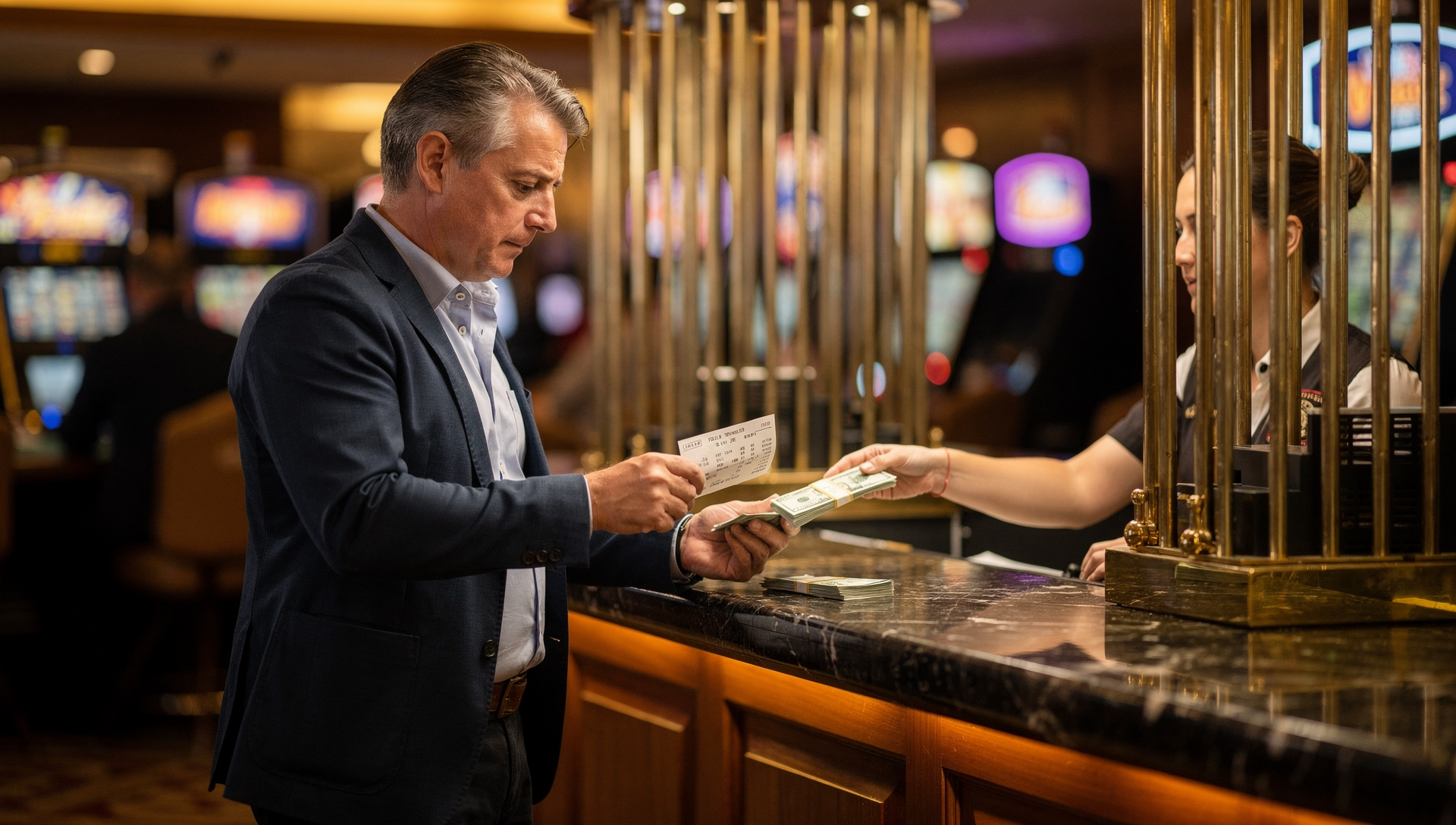 A visitor receives cash winnings and a payout slip from a casino cashier after a jackpot win
