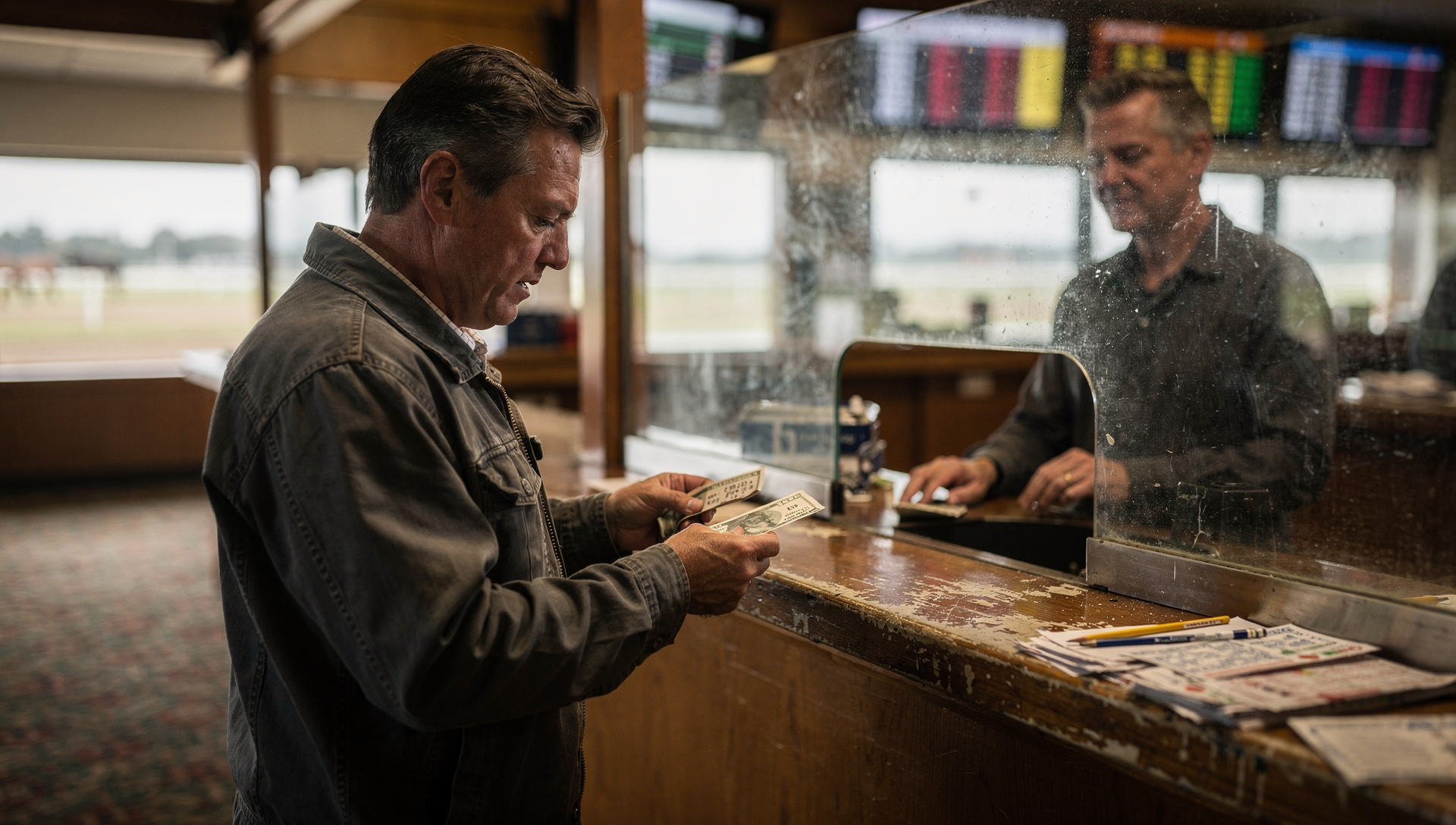 Bettor collecting cash winnings at a horse racing track cashier window after tax withholding