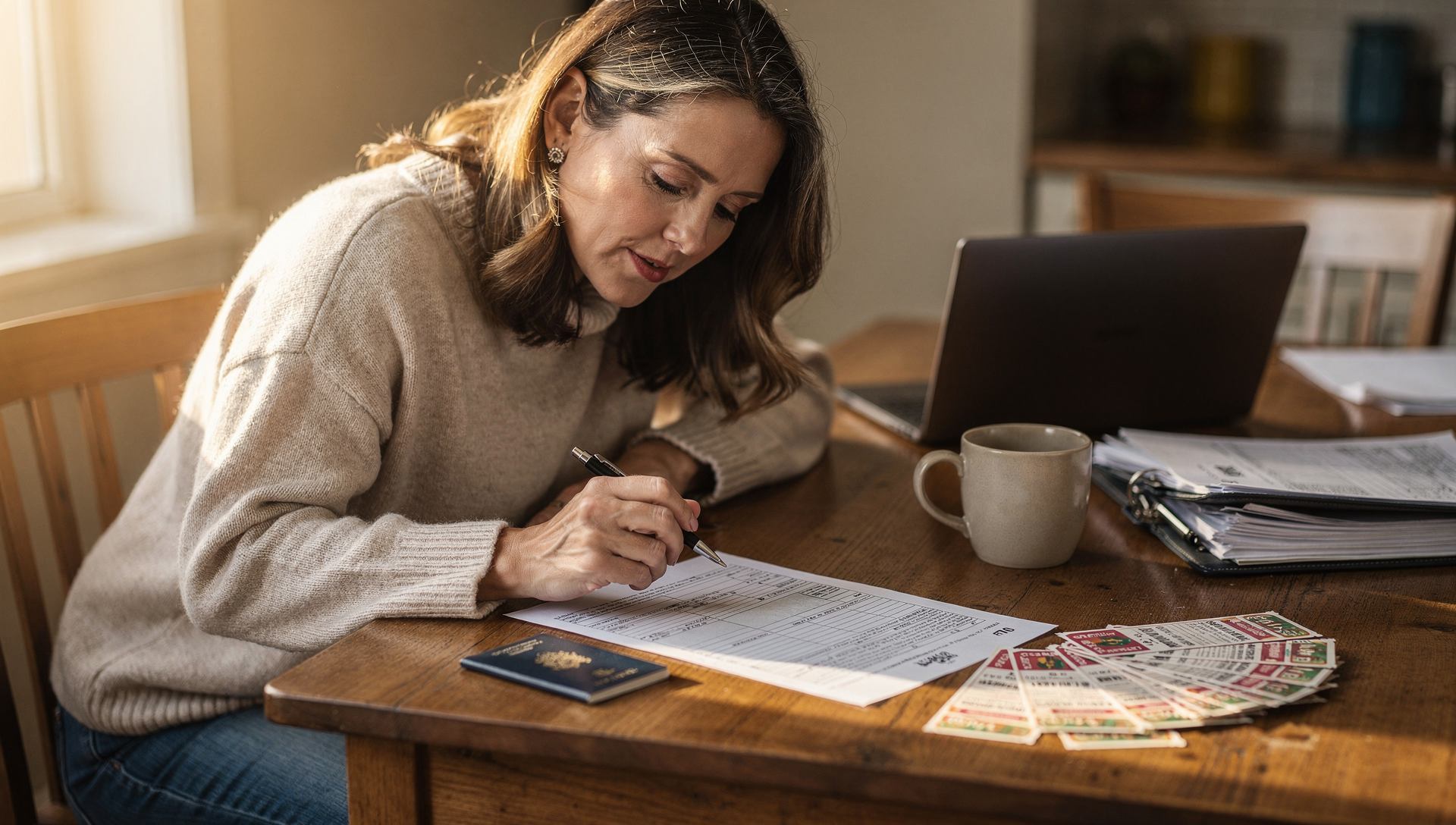Canadian bettor organizing passport and tax documents at home while preparing an ITIN application