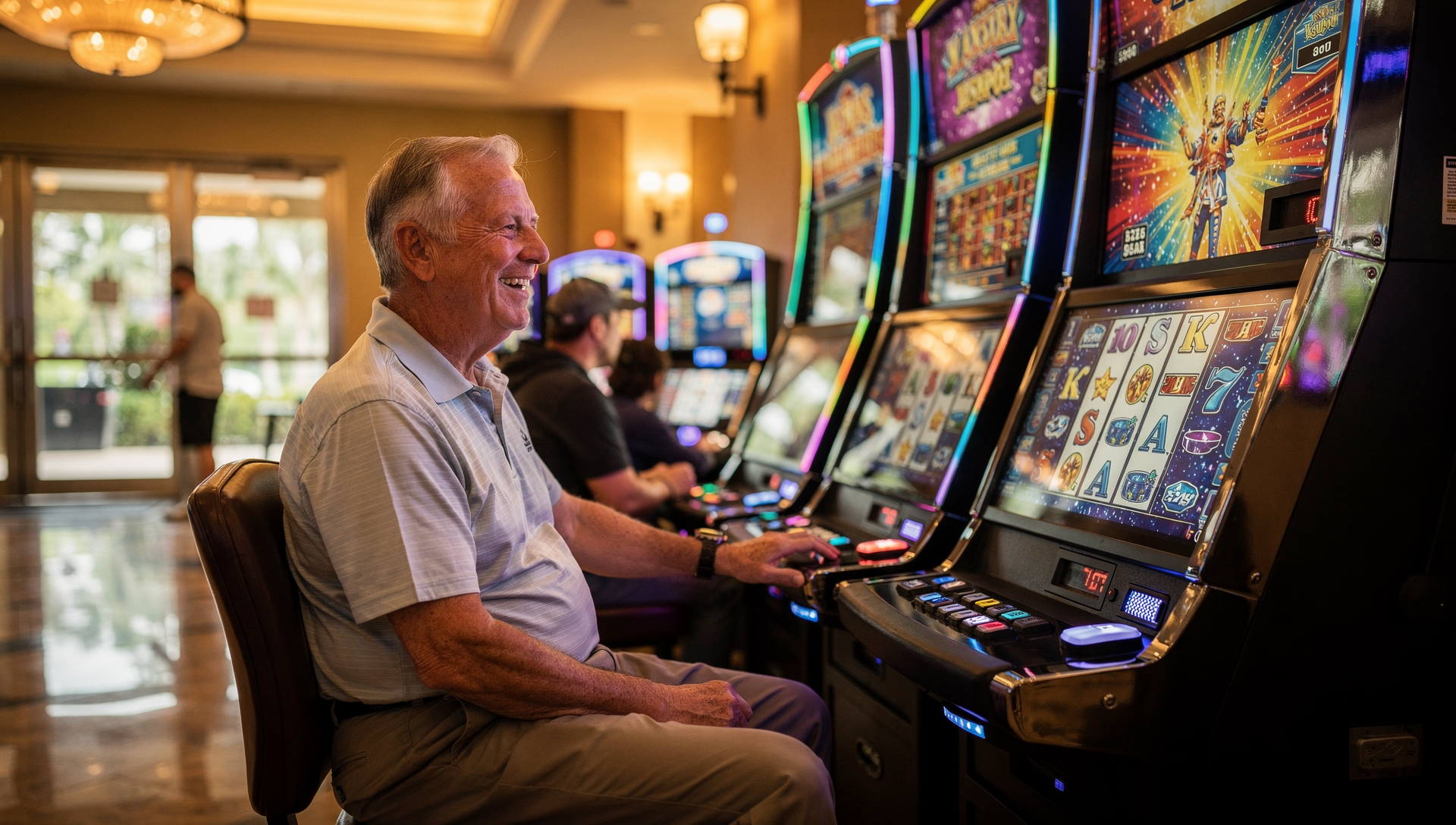 Senior Canadian snowbird celebrating a jackpot win at a slot machine on a Florida casino floor