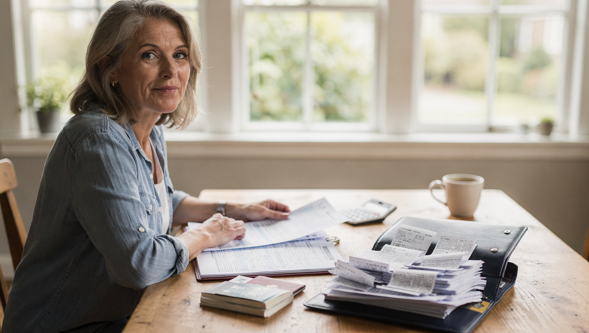 Canadian snowbird organizing tax documents, travel records, and identification papers at home